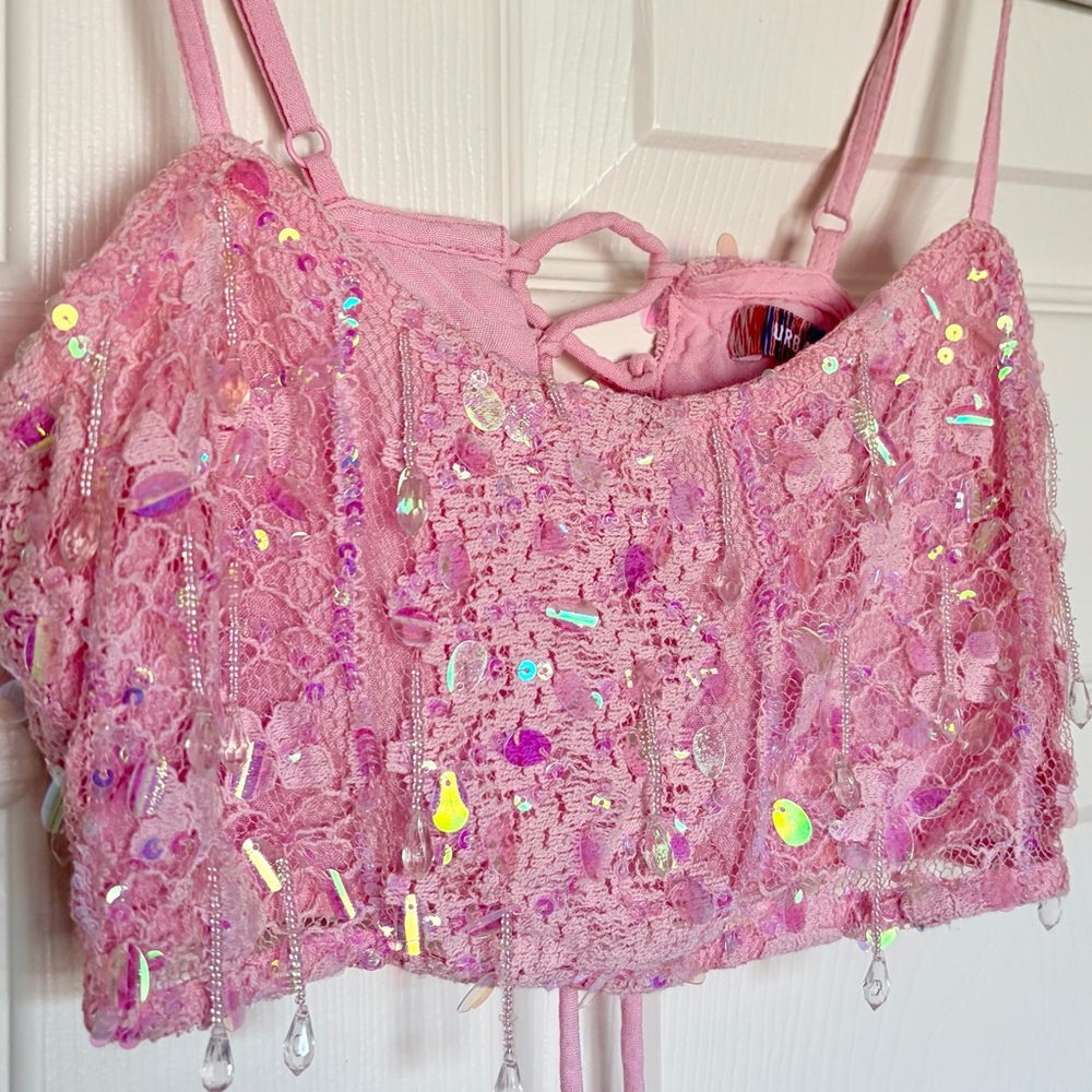 NWOT Pink Sparkly Sequin & Jewels Lace Cami Crop Top — Small - Picture 7 of 10